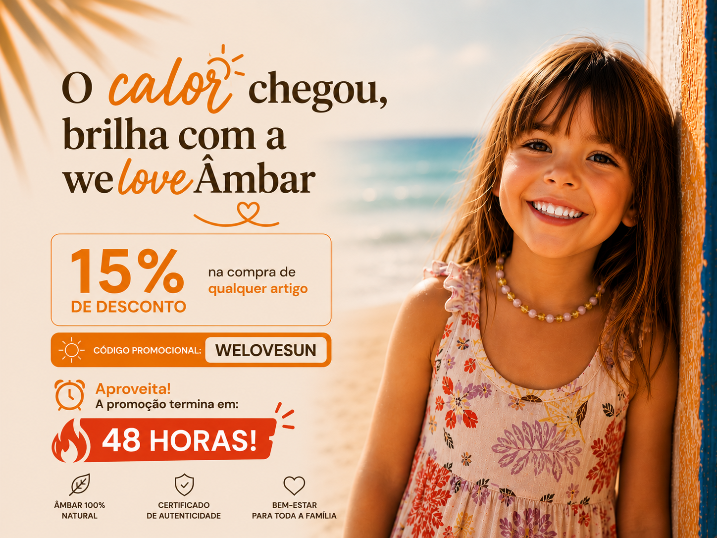 Campanha Flash weloveÂmbar — 15% de desconto em âmbar báltico com código WELOVESUN