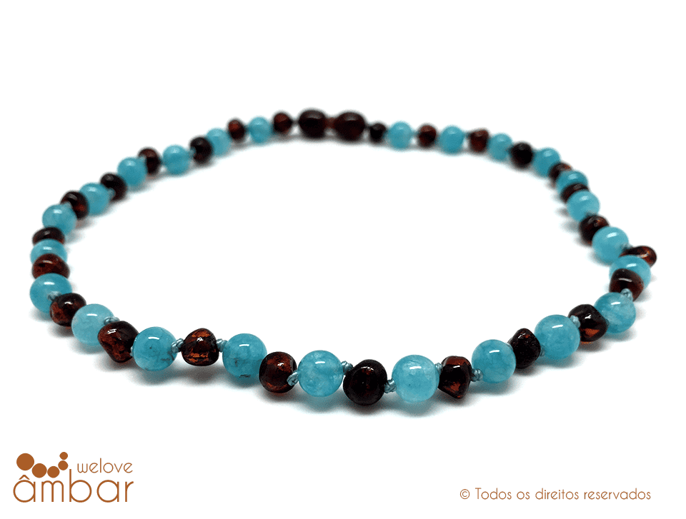 Pulseira de âmbar cherry com aquamarine - 18cm