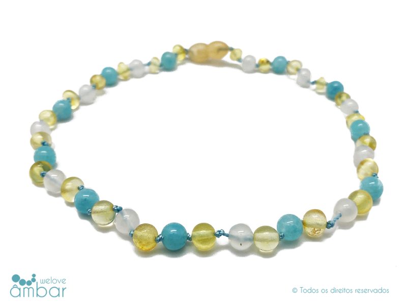 Colar de âmbar mel, aquamarine com ágata - 32/33cm